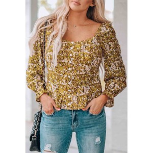 Yellow Square Neck Smocked Floral Top - from category Long Sleeve Tops