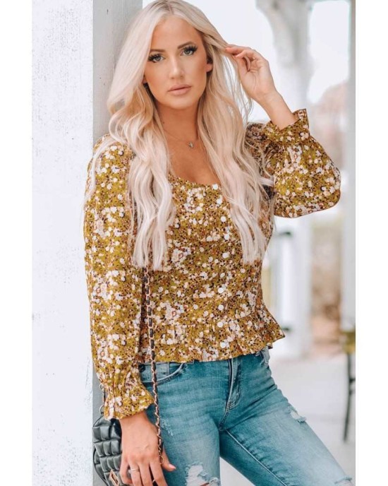 Yellow Square Neck Smocked Floral Top - from category Long Sleeve Tops