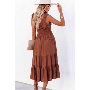 Smocked Ruched Sleeveless High Waist Midi Dress