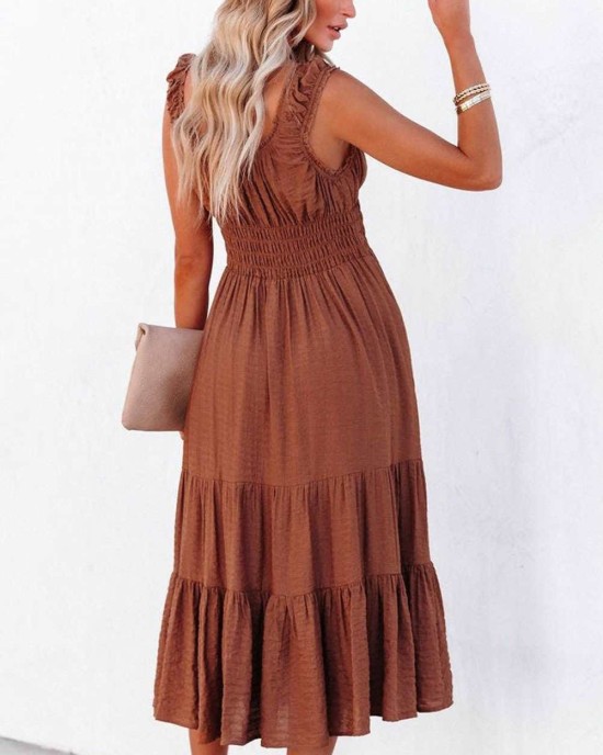 Smocked Ruched Sleeveless High Waist Midi Dress