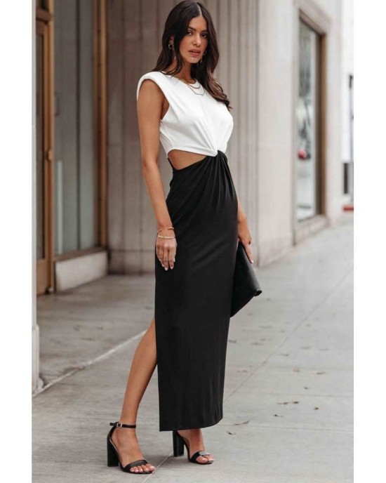 Colorblock Cut out Twist Knit Maxi Dress