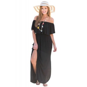 Black Flounce Off Shoulder Maxi Jersey Dress