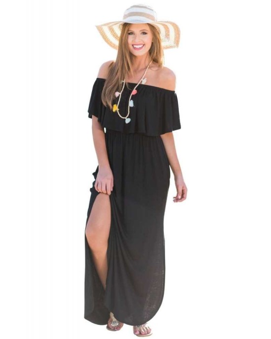 Black Flounce Off Shoulder Maxi Jersey Dress