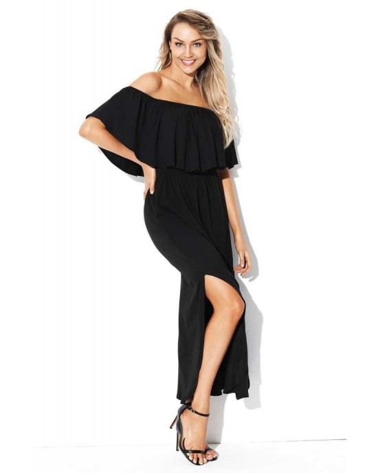 Black Flounce Off Shoulder Maxi Jersey Dress