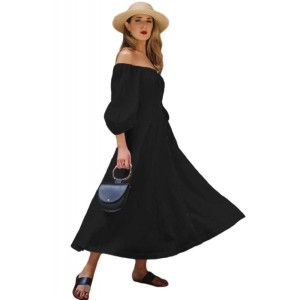 Black Off Shoulder Puff Sleeve Button Front Vintage Dress - from category Maxi Dresses