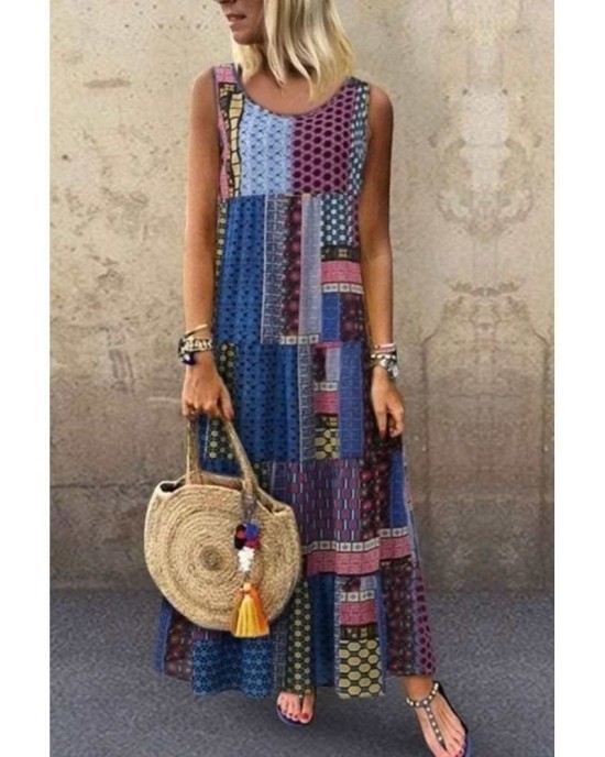 Blue Bohemian Splicing Round Neck Sleeveless Dress - from category Maxi Dresses