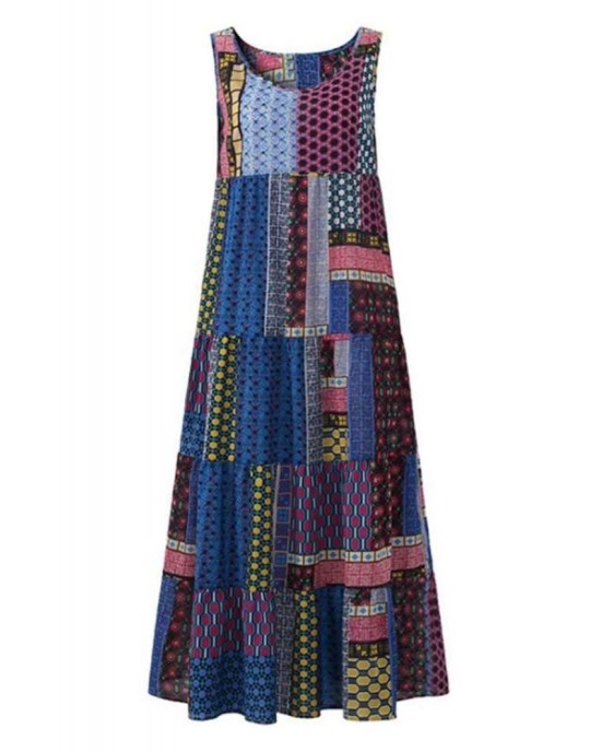 Blue Bohemian Splicing Round Neck Sleeveless Dress - from category Maxi Dresses