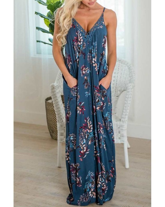 Blue Crochet V Neck Sleeveless Floral Print Pockets Maxi Dress - from category Maxi Dresses