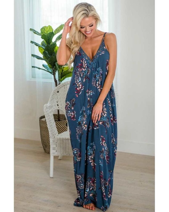 Blue Crochet V Neck Sleeveless Floral Print Pockets Maxi Dress - from category Maxi Dresses