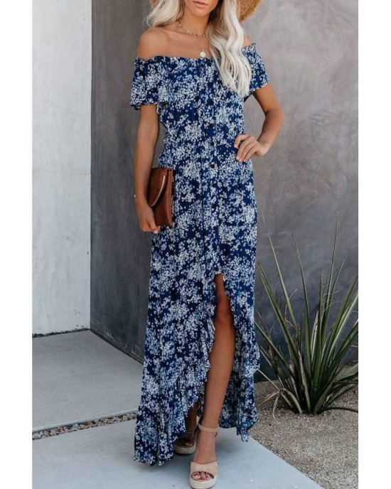 Blue Off The Shoulder High Low Maxi Dress - from category Maxi Dresses