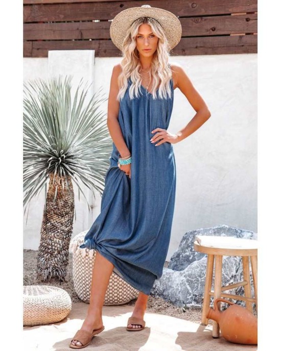 Blue Spaghetti Straps Denim Maxi Dress