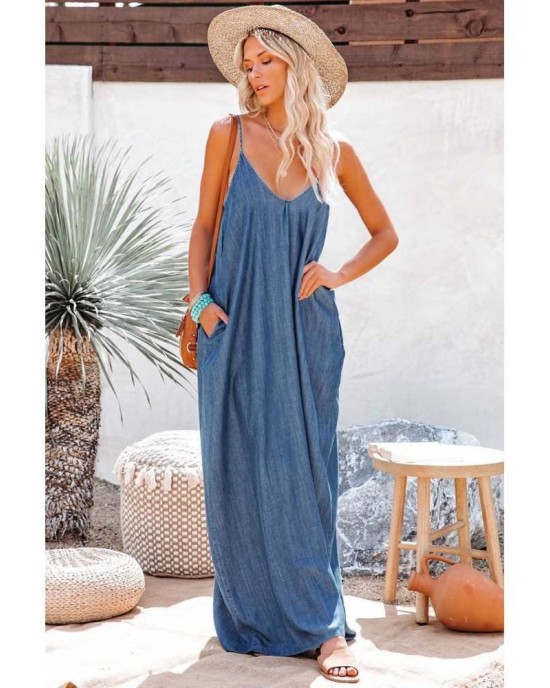 Blue Spaghetti Straps Denim Maxi Dress