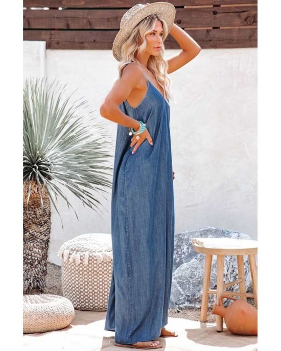 Blue Spaghetti Straps Denim Maxi Dress