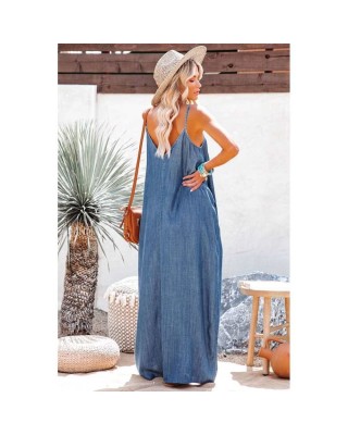 Blue Spaghetti Straps Denim Maxi Dress