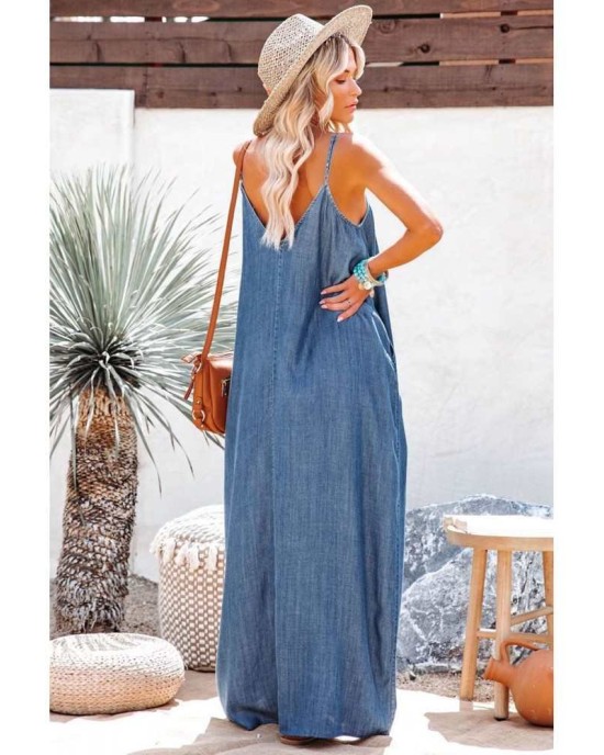 Blue Spaghetti Straps Denim Maxi Dress