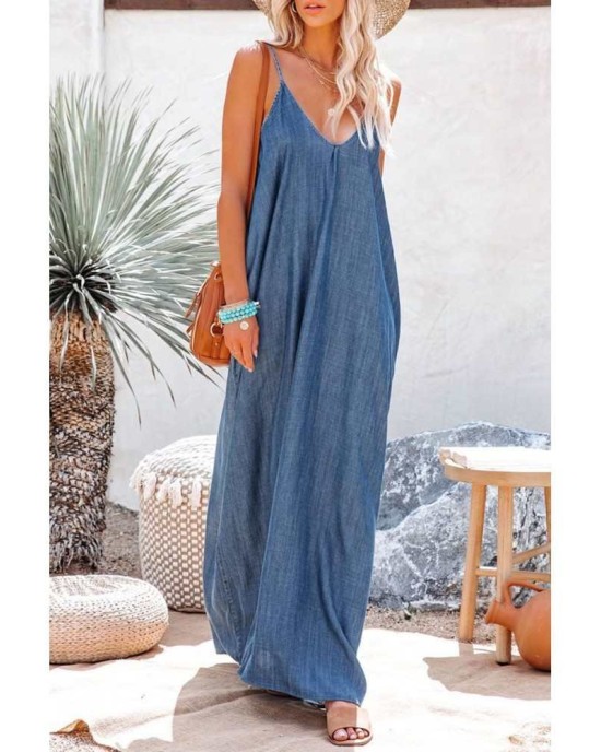 Blue Spaghetti Straps Denim Maxi Dress