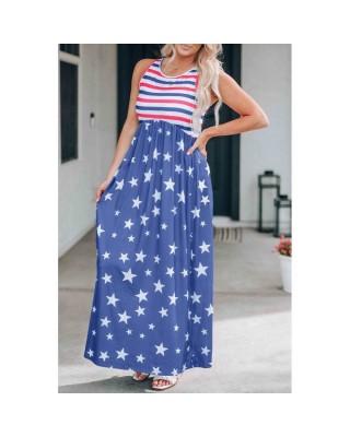 Blue Stripes and Stars Sleeveless Maxi Dress with Pockets - from category Maxi Dresses