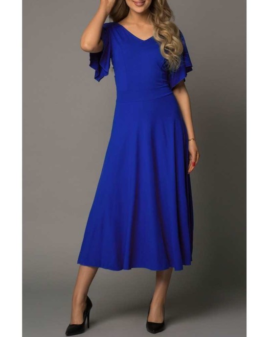 Blue V Neck Ruffled Sleeves Flare Long Dress - from category Maxi Dresses