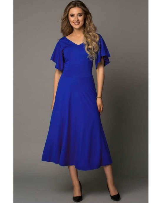 Blue V Neck Ruffled Sleeves Flare Long Dress - from category Maxi Dresses