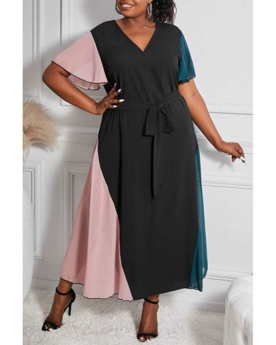 Color Block Lace-up V Neck Plus Size Maxi Dress - from category Maxi Dresses