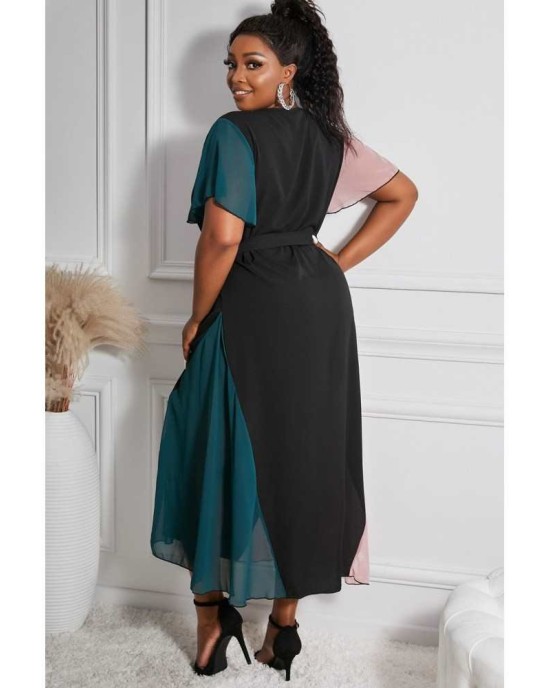 Color Block Lace-up V Neck Plus Size Maxi Dress - from category Maxi Dresses