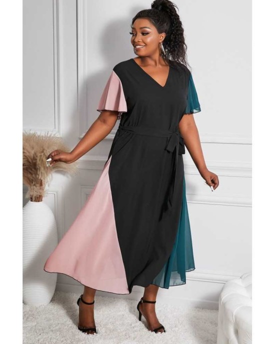 Color Block Lace-up V Neck Plus Size Maxi Dress - from category Maxi Dresses