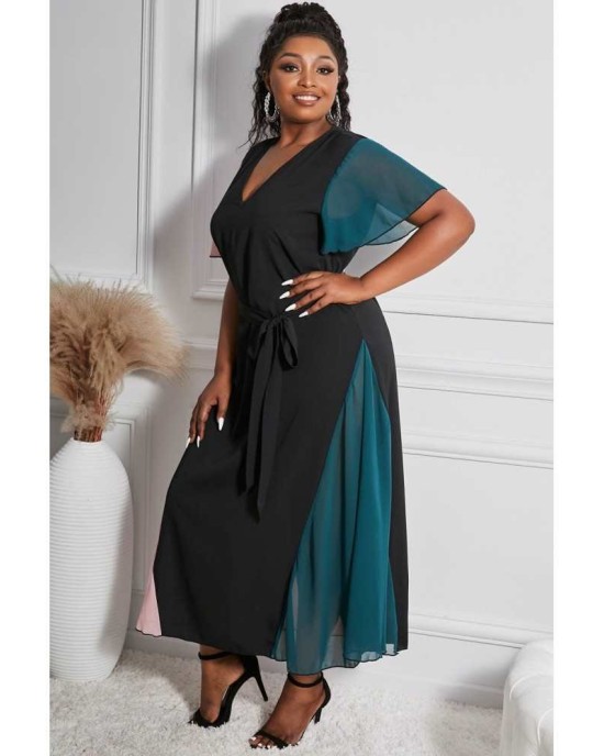 Color Block Lace-up V Neck Plus Size Maxi Dress - from category Maxi Dresses