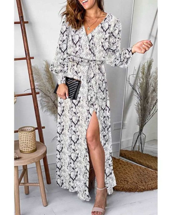 Gray Sexy V Neck Cuffed Sleeve Snakeskin Maxi Dress - from category Maxi Dresses