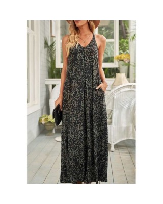 Green Leopard Sleeveless Cut-out Pocketed Maxi Dress - from category Maxi Dresses