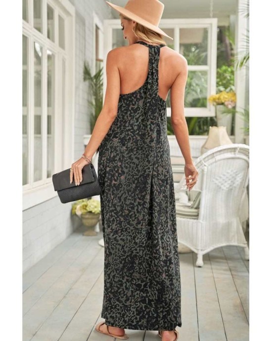 Green Leopard Sleeveless Cut-out Pocketed Maxi Dress - from category Maxi Dresses