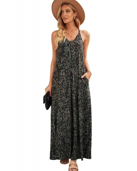 Green Leopard Sleeveless Cut-out Pocketed Maxi Dress - from category Maxi Dresses