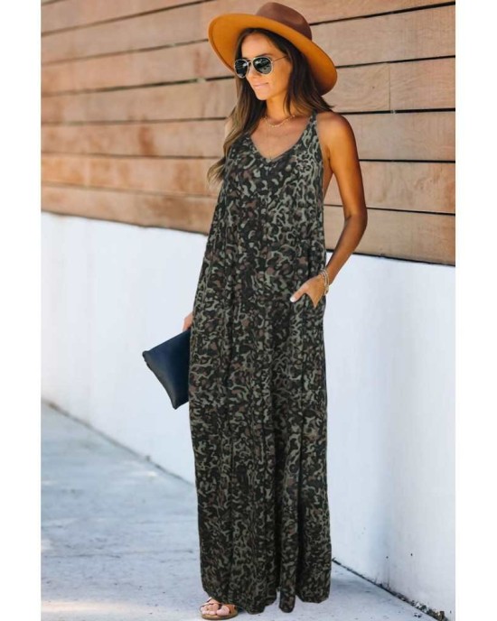 Green Leopard Sleeveless Cut-out Pocketed Maxi Dress - from category Maxi Dresses