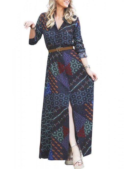 Navy Green Boho Print Belted Maxi Shirt Dress - from category Maxi Dresses