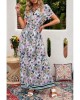 Purple Buttons Closure Floral Short Sleeves Maxi Dress - from category Maxi Dresses