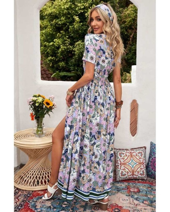 Purple Buttons Closure Floral Short Sleeves Maxi Dress - from category Maxi Dresses