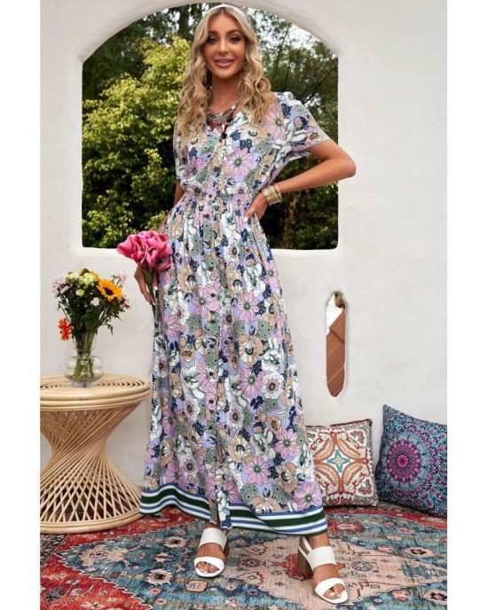 Purple Buttons Closure Floral Short Sleeves Maxi Dress - from category Maxi Dresses