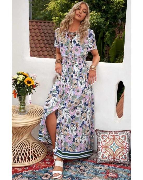 Purple Buttons Closure Floral Short Sleeves Maxi Dress - from category Maxi Dresses