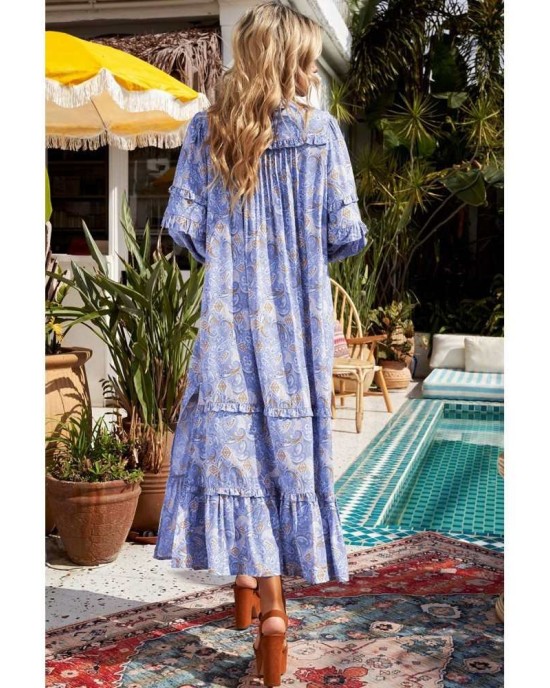 Purple Ruffled Bubble Sleeves Kaftan Paisley Maxi Dress - from category Maxi Dresses