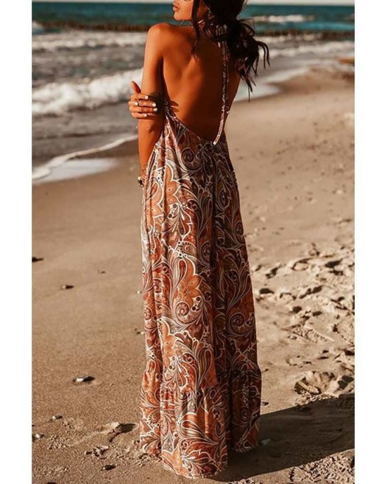 Sexy Halterneck Vintage Floral Print Backles Maxi Dress - from category Maxi Dresses