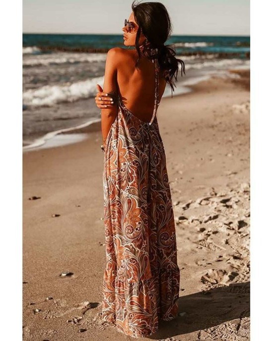 Sexy Halterneck Vintage Floral Print Backles Maxi Dress - from category Maxi Dresses