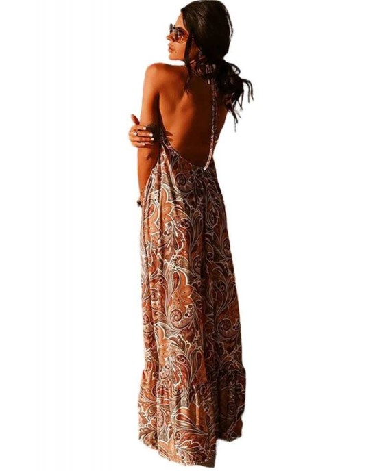 Sexy Halterneck Vintage Floral Print Backles Maxi Dress - from category Maxi Dresses