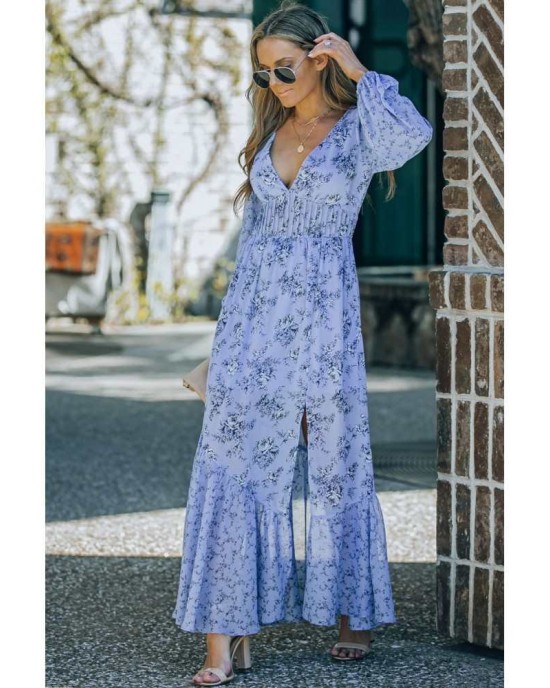 Sky Blue Floral Print Bubble Sleeves Hollow-out Back Maxi Dress - from category Maxi Dresses