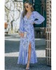 Sky Blue Floral Print Bubble Sleeves Hollow-out Back Maxi Dress - from category Maxi Dresses