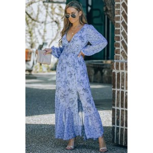 Sky Blue Floral Print Bubble Sleeves Hollow-out Back Maxi Dress - from category Maxi Dresses