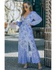 Sky Blue Floral Print Bubble Sleeves Hollow-out Back Maxi Dress - from category Maxi Dresses