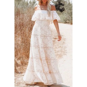 White Off-the-shoulder Ruffled Lace Maxi Dress