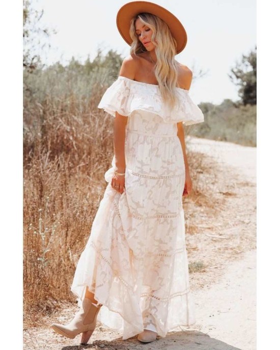 White Off-the-shoulder Ruffled Lace Maxi Dress