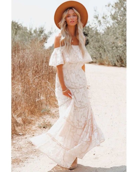 White Off-the-shoulder Ruffled Lace Maxi Dress