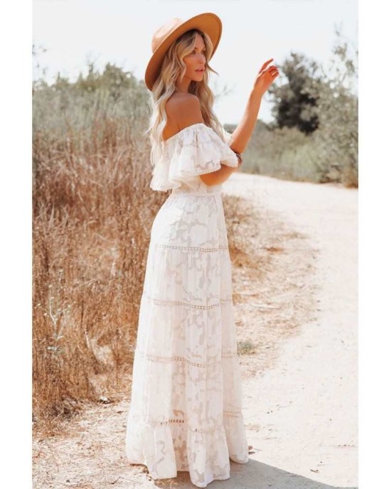 White Off-the-shoulder Ruffled Lace Maxi Dress