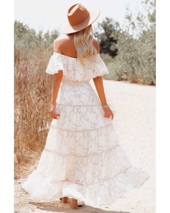 White Off-the-shoulder Ruffled Lace Maxi Dress